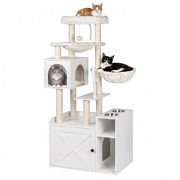 Relaxdays Kratzbaum mit Katzenkloschrank und Futterstation in Weiß mit Sisalstämmen und Liegemulde für Katzen – Bild 1 von 2