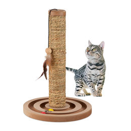 Relaxdays Kratzsäule für Katzen aus Holz mit Spielzeug in Braun und Beige – Bild 1 von 11