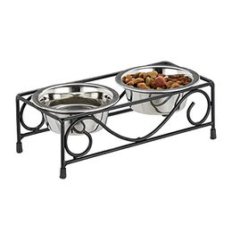 Relaxdays Napfset für Hunde und Katzen mit Halterung und 2 Edelstahl-Futternäpfen je 300 ml in Schwarz/Silber - 300 ml – Bild 1 von 9