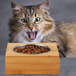 Relaxdays Napfstation aus Bambus für Katzen und kleine Hunde mit erhöhtem Edelstahl-Futternapf in Natur – Bild 1 von 8