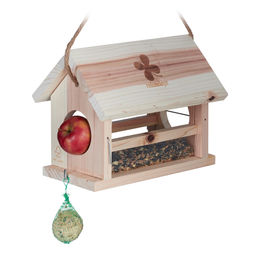 Relaxdays Vogelfutterhaus aus FSC-zertifiziertem Naturholz mit Meisenknödel- und Apfelhalterungen, wetterfest, Natur – Bild 1 von 13