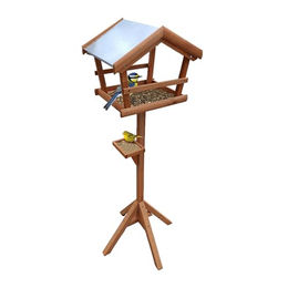 Relaxdays Vogelfutterhaus aus Holz mit wetterfestem Metalldach und Ständer in Orange – Bild 1 von 3