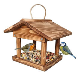 Relaxdays Vogelfutterhaus aus Holz zum Aufhängen für Garten und Balkon, geflammt, Braun, 22 x 26 x 22 cm – Bild 1 von 8