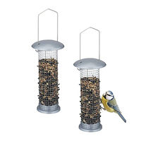 Produktbild von Relaxdays Vogelfutterspender 2er Set Futtersäule aus Metall für Erdnüsse und Mehlwürmer Silber