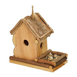 Relaxdays Vogelhaus mit Futterstelle aus Holz in Natur Braun zum Aufhängen – Bild 1 von 13