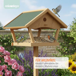 Relaxdays XXL Vogelfutterhaus aus Holz mit Ständer in Orange und Natur – Bild 1 von 4