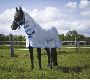 Riding World Ekkia Fliegendecke Netztuch mit Vollkragen für Pferde in Weiß/Himmelblau – Bild 1 von 3