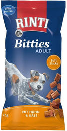 Produktbild von Rinti Bitties Belohnungssnack für Hunde Adult Huhn und Käse getreidefrei und ohne Zucker 4x75g