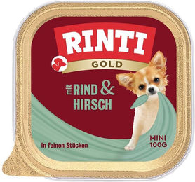 Produktbild von Rinti Gold Mini Hundefutter Adult Hirsch und Rind feine Stückchen in Sauce mit hohem Fleischanteil 48x100g
