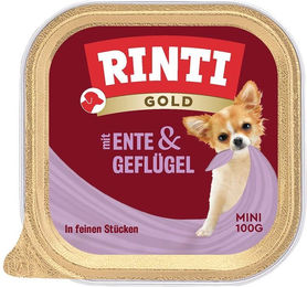 Produktbild von Rinti Gold Mini Junior Hundefutter Stückchen in Sauce Ente und Geflügel ohne Farb- und Aromastoffe 48x100g