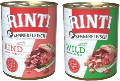 Produktbild von Rinti Kennerfleisch Hund Adult Stückchen in Sauce Rind und Wild Getreidefrei 24 x 800 g