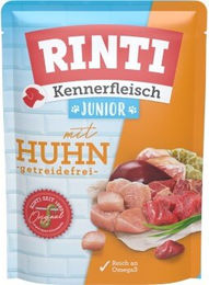 Produktbild von Rinti Kennerfleisch Hund Nassfutter Junior Huhn und Lachs Stückchen in Sauce 10x400 g