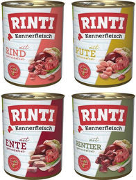 Produktbild von Rinti Kennerfleisch Hundefutter Adult Stückchen in Sauce Rind Pute Ente Rentier 24x800g