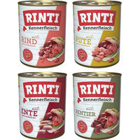 Produktbild von Rinti Kennerfleisch Hundefutter Adult Stückchen in Sauce Rind Pute Ente Rentier 24x800g