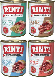 Produktbild von Rinti Kennerfleisch Hundefutter Mix Rind Geflügel Lamm und Pansen Stückchen in Sauce 24x800g