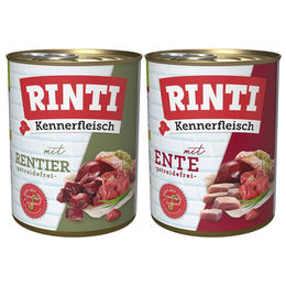 Produktbild von Rinti Kennerfleisch Hundefutter Mixpaket Ente und Rentier Stückchen in Sauce 24x800g