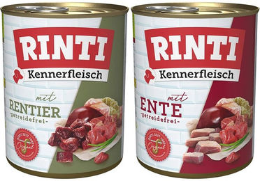 Produktbild von Rinti Kennerfleisch Hundefutter Mixpaket Ente und Rentier Stückchen in Sauce 24x800g ohne Farb- und Aromastoffe