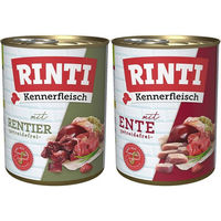 Produktbild von Rinti Kennerfleisch Hundefutter Mixpaket Ente und Rentier Stückchen in Sauce 24x800g ohne Farb- und Aromastoffe