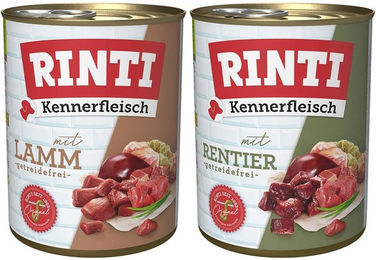 Produktbild von Rinti Kennerfleisch Hundefutter Mixpaket Rentier und Lamm Stückchen in Sauce 24x800g