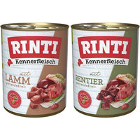 Produktbild von Rinti Kennerfleisch Hundefutter Mixpaket Rentier und Lamm Stückchen in Sauce 24x800g