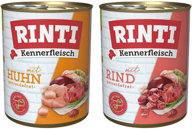 Produktbild von Rinti Kennerfleisch Hundefutter Mixpaket Rind und Huhn Stückchen in Sauce 24x800g ohne Farb- und Aromastoffe