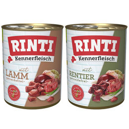 Produktbild von Rinti Kennerfleisch Mixpaket Hund Rentier und Lamm Stückchen in Sauce ohne Farb- und Aromastoffe 24x800g