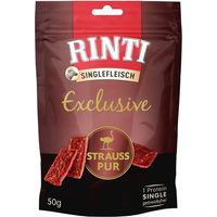 Produktbild von Rinti Singlefleisch Exclusive Snack Strauß Trockenfleisch Monoprotein Getreidefrei für Hunde Adult - 12 x 50 g