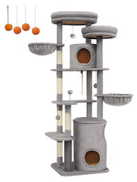 Robuster Katzen Kratzbaum Kletterturm aus Plüsch und Sisal Hellgrau 60 x 55 x 196 cm – Bild 1 von 1