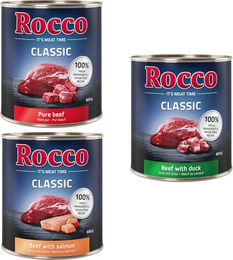 Produktbild von Rocco Classic Probiermix Hund Adult Stückchen in Sauce Rind Lachs und Ente Getreidefrei 6 x 800 g - 6 x 800 g