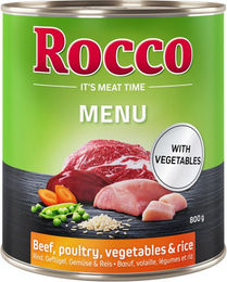 Produktbild von Rocco Hundefutter Adult Sparpaket 24 x 800 g Rind mit Geflügel Gemüse und Reis Stückchen in Sauce mit hohem Fleischanteil - 24 x 800 g