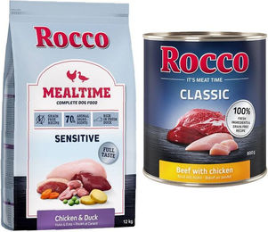 Produktbild von Rocco Hundefutter Kombi-Paket Adult Sensitive Huhn und Ente Trockenfutter 12 kg sowie Rind mit Geflügelherzen Nassfutter 24 x 800 g getreidefrei - 12 kg