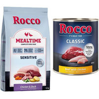 Produktbild von Rocco Hundefutter Kombi-Paket Adult Sensitive Huhn und Ente Trockenfutter 12 kg sowie Rind mit Geflügelherzen Nassfutter 24 x 800 g getreidefrei - 12 kg
