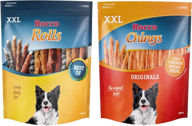 Rocco Hundesnacks Kombi-Paket Chings XXL Hühnerbrust Streifen und Rolls XXL Mix für Riesenrassen 1,9 kg - 4 x 250 g – Bild 1 von 1