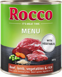Produktbild von Rocco Menü Hundefutter Adult Rind mit Lamm Gemüse und Reis Stückchen in Sauce 24 x 800 g - 24 x 800 g