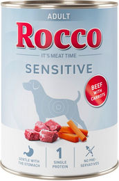 Produktbild von Rocco Sensitive Hundefutter Adult Rind mit Möhren Stückchen in Sauce 6 x 400 g