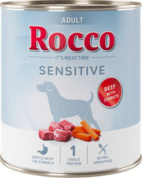 Produktbild von Rocco Sensitive Hundefutter Adult Rind mit Möhren Stückchen in Sauce 6 x 400 g