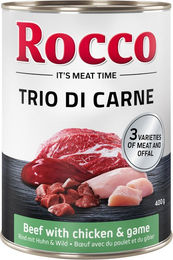 Produktbild von Rocco Trio di Carne Hundefutter Adult Stückchen in Sauce Rind Huhn Wild Getreidefrei 24 x 400 g - 24 x 400 g