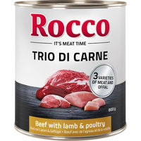 Produktbild von Rocco Trio di Carne Hundefutter Sparpaket mit Rind, Lamm und Geflügel - 24 x 800 g - Getreidefrei mit hohem Fleischanteil - 24 x 800 g