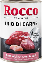 Produktbild von Rocco Trio di Carne Hundefutter Stückchen in Sauce Rind Huhn Kalb Getreidefrei 24 x 400 g - 24 x 400 g