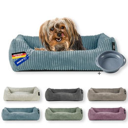 Rohrschneider Hundebett aus Cord für kleine Hunde in Türkis mit waschbarem Bezug und Futternapf – Bild 1 von 8
