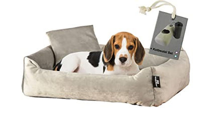 Rohrschneider Hundebett aus Velours für kleine und mittelgroße Hunde in Größe M, Waschbar, Beige/Grau – Bild 1 von 4