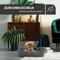 Produktbild von Rohrschneider Hundebett für kleine Hunde aus Cord in Grau mit waschbarem Bezug und Futternapf