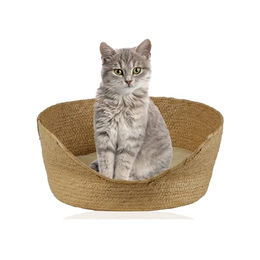 Rohrschneider Hundebett und Katzenbett aus geflochtenem Papier in Beige mit Kissen Gr. 1 D 40 x H 19 cm – Bild 1 von 7