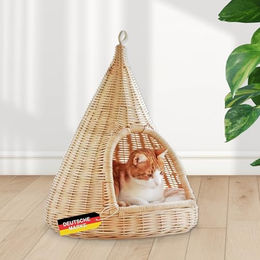 Rohrschneider Katzen-Hängekorb Sammy Katzenhöhle aus handgeflochtenem Rattan in Natur-Beige 45 x 45 x 55 cm – Bild 1 von 9