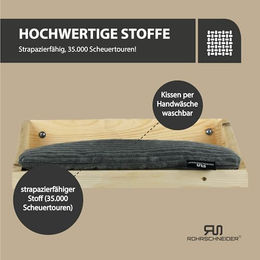 Rohrschneider Katzen Kletterwand aus Massivholz mit Katzenbett und 2 Katzentreppen aus Naturholz und Sisal inklusive grauem Kissen – Bild 1 von 5