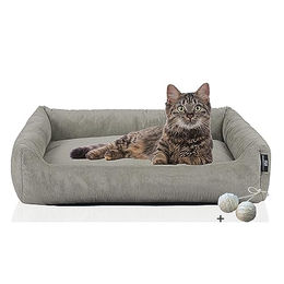 Rohrschneider Katzenbett aus Cordstoff mit Spielkugelset in Grau – Bild 1 von 11