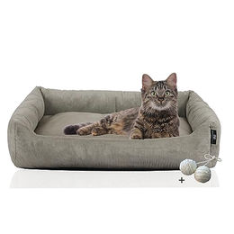 Rohrschneider Katzenbett aus Cordstoff mit Spielkugelset in Taupe – Bild 1 von 11