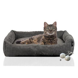 Rohrschneider Katzenbett aus grauem Cordstoff mit Spielkugelset Größe M – Bild 1 von 11