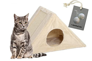 Rohrschneider Katzenhöhle Kratzpyramide beige mit Sisal Kratzfläche und 2 Spielbällen – Bild 1 von 13