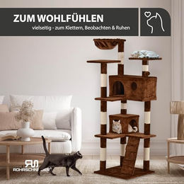 Rohrschneider Kratzbaum Marley für Katzen mit Katzenhöhlen und Kuschelnest aus Sisal und Plüsch Braun 50 x 50 x 150 cm – Bild 1 von 6